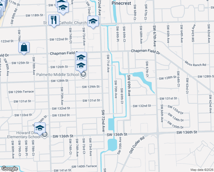 map of restaurants, bars, coffee shops, grocery stores, and more near 12871 Southwest 71st Avenue in Pinecrest