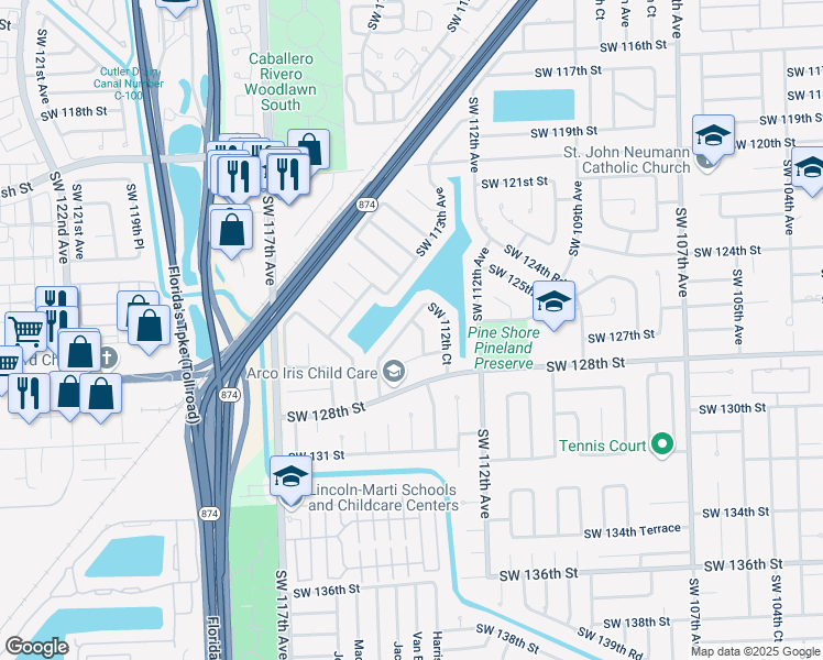 map of restaurants, bars, coffee shops, grocery stores, and more near 12515 Southwest 114th Avenue in Miami