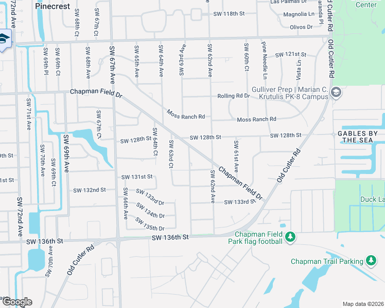 map of restaurants, bars, coffee shops, grocery stores, and more near 6255 Southwest 124th Street in Pinecrest