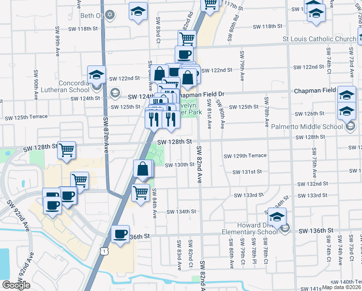 map of restaurants, bars, coffee shops, grocery stores, and more near 8115 Southwest 82nd Place in Miami