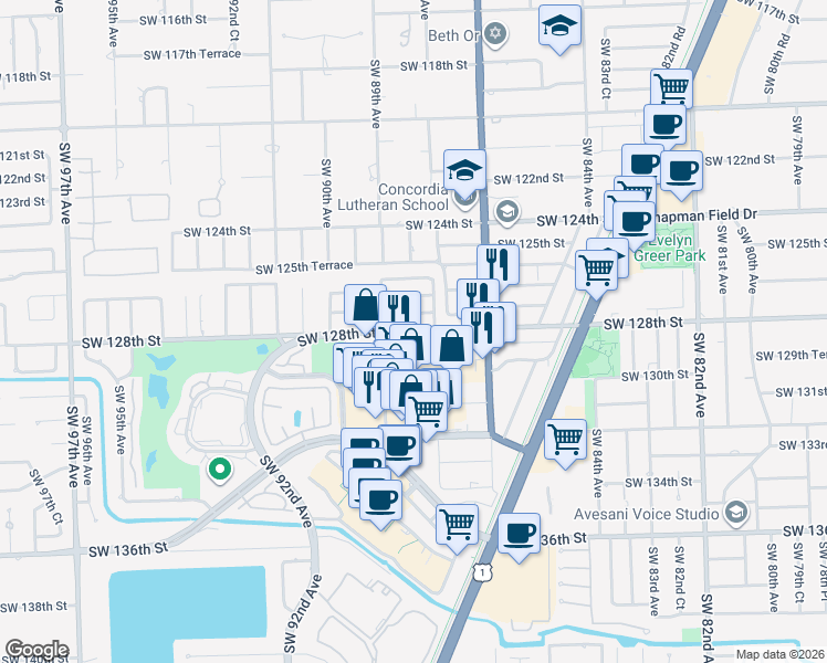map of restaurants, bars, coffee shops, grocery stores, and more near 8850 Southwest 128th Street in Miami