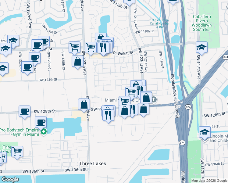 map of restaurants, bars, coffee shops, grocery stores, and more near 12529 Southwest 124th Court in Miami
