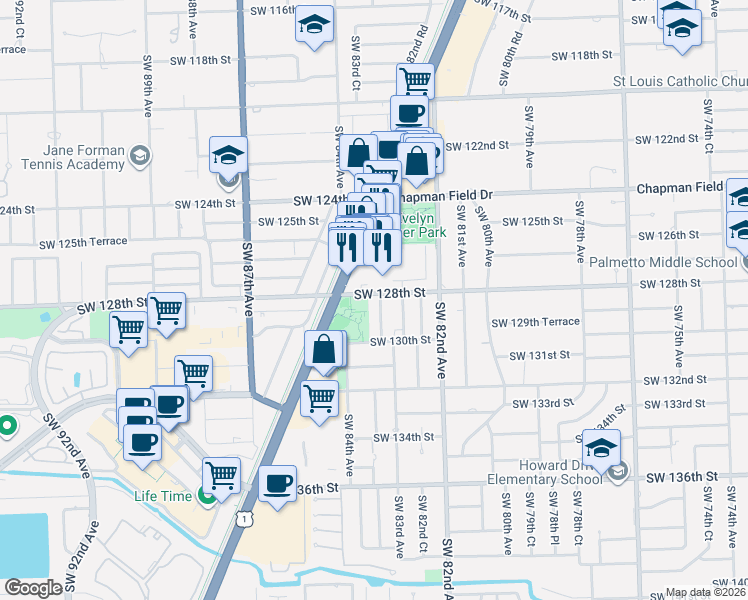 map of restaurants, bars, coffee shops, grocery stores, and more near 12800 Southwest 83rd Court in Miami