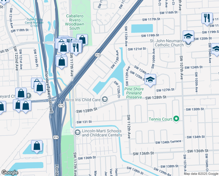 map of restaurants, bars, coffee shops, grocery stores, and more near 12515 Southwest 114th Avenue in Miami