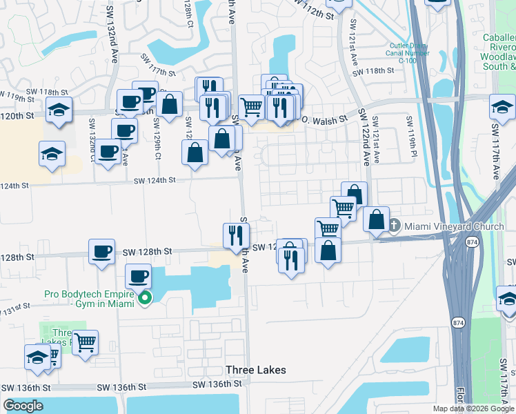 map of restaurants, bars, coffee shops, grocery stores, and more near 12548 Southwest 126th Avenue in Miami
