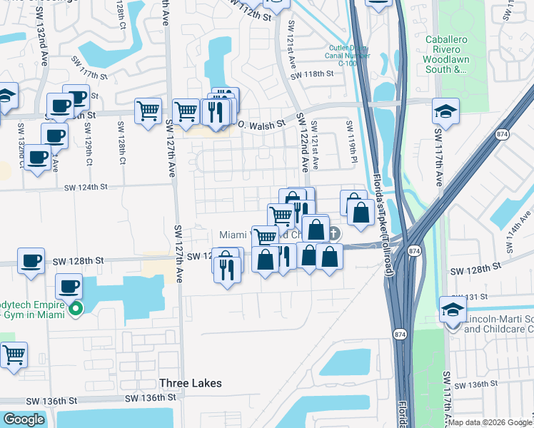 map of restaurants, bars, coffee shops, grocery stores, and more near 12348 Southwest 125th Terrace in Miami