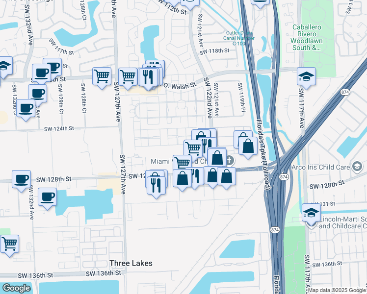 map of restaurants, bars, coffee shops, grocery stores, and more near 12525 Southwest 123rd Place in Miami