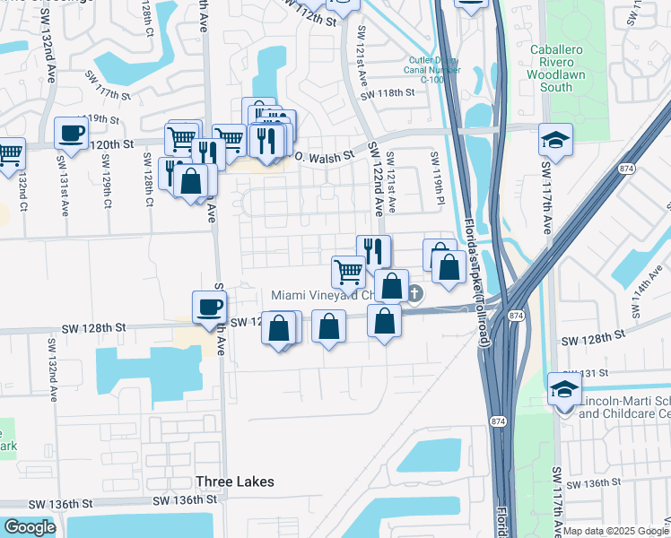 map of restaurants, bars, coffee shops, grocery stores, and more near 12348 Southwest 125th Terrace in Miami