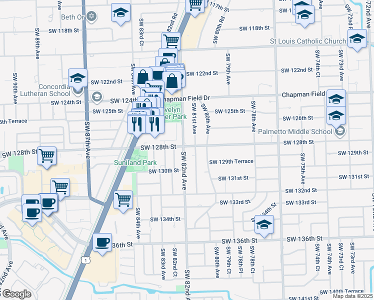 map of restaurants, bars, coffee shops, grocery stores, and more near 12800 Southwest 82nd Avenue in Miami