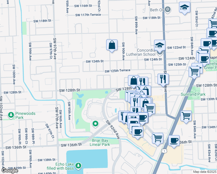 map of restaurants, bars, coffee shops, grocery stores, and more near 12750 Southwest 92nd Avenue in Miami