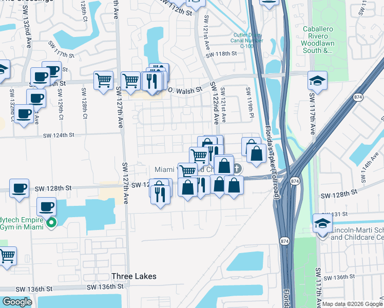 map of restaurants, bars, coffee shops, grocery stores, and more near 12525 Southwest 123rd Place in Miami
