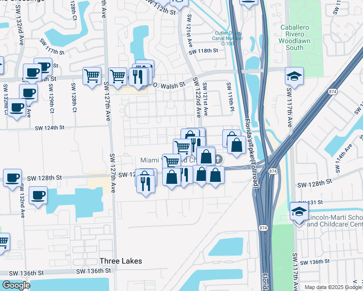 map of restaurants, bars, coffee shops, grocery stores, and more near 12318 Southwest 125th Terrace in Miami