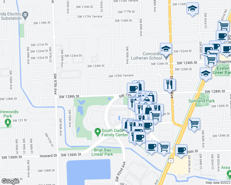 map of restaurants, bars, coffee shops, grocery stores, and more near 9195 Southwest 128th Street in Miami