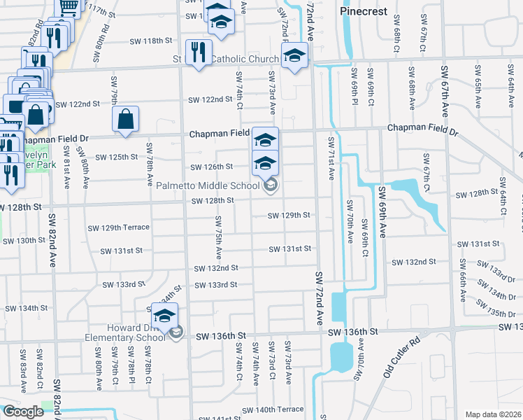 map of restaurants, bars, coffee shops, grocery stores, and more near 7360 Southwest 128th Street in Miami