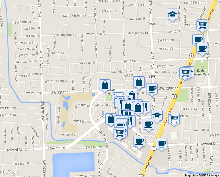 map of restaurants, bars, coffee shops, grocery stores, and more near 8972 Southwest 127th Terrace in Miami