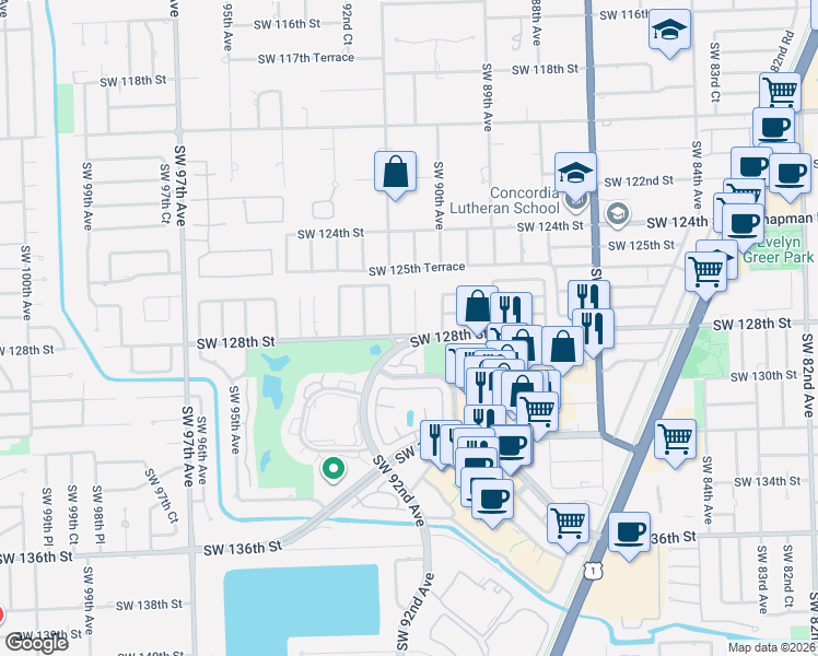 map of restaurants, bars, coffee shops, grocery stores, and more near 12780 Southwest 91 Avenue in Miami