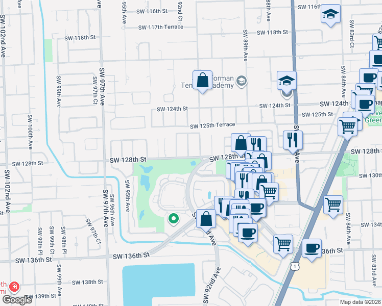 map of restaurants, bars, coffee shops, grocery stores, and more near 12750 Southwest 92nd Avenue in Miami