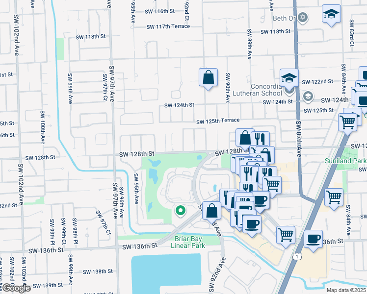 map of restaurants, bars, coffee shops, grocery stores, and more near 12753 Southwest 93rd Avenue in Miami