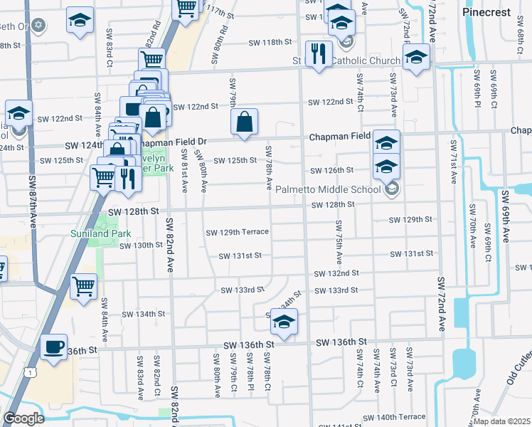 map of restaurants, bars, coffee shops, grocery stores, and more near 7800 Southwest 128th Street in Miami