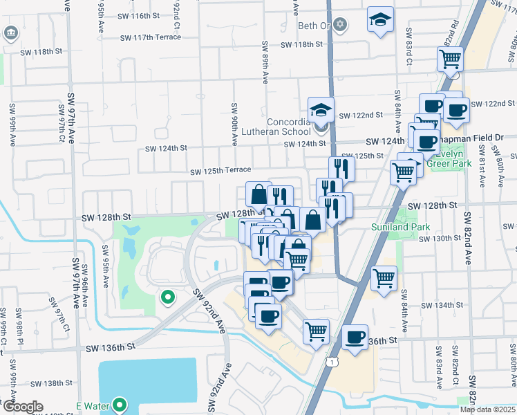 map of restaurants, bars, coffee shops, grocery stores, and more near 8933 Southwest 128th Street in Miami