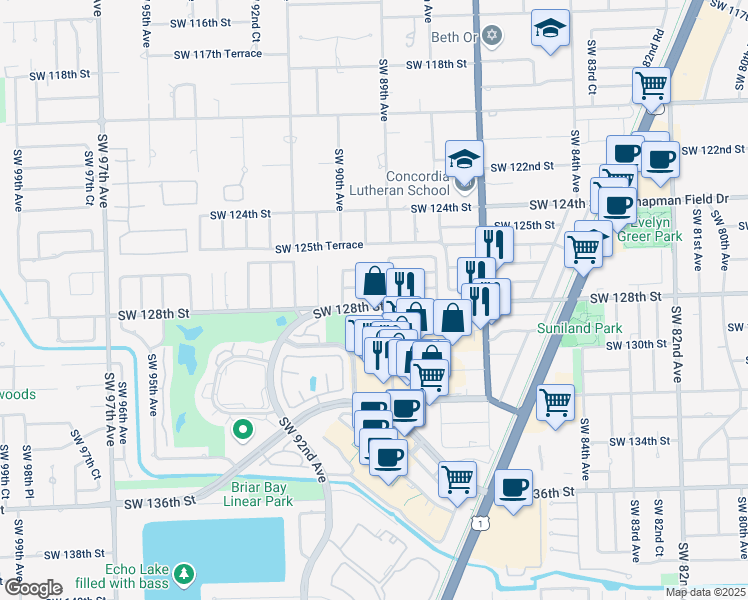 map of restaurants, bars, coffee shops, grocery stores, and more near 12701 Southwest 89th Avenue in Miami