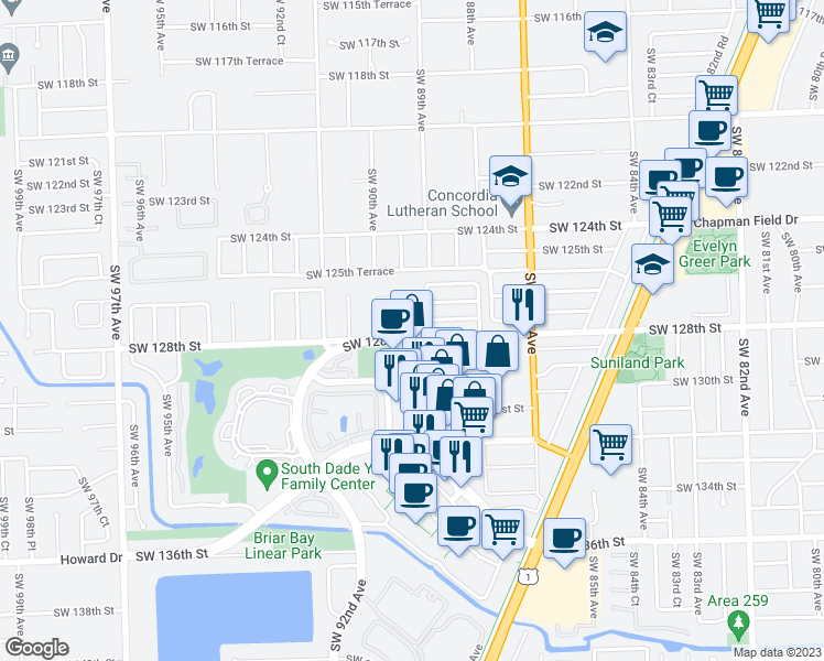map of restaurants, bars, coffee shops, grocery stores, and more near 12701 Southwest 89th Avenue in Miami