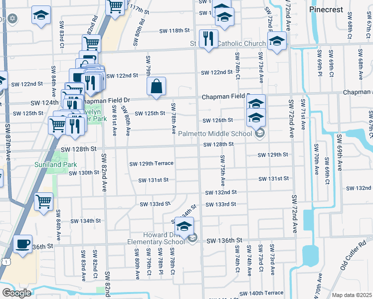 map of restaurants, bars, coffee shops, grocery stores, and more near 7740 Southwest 128th Street in Miami