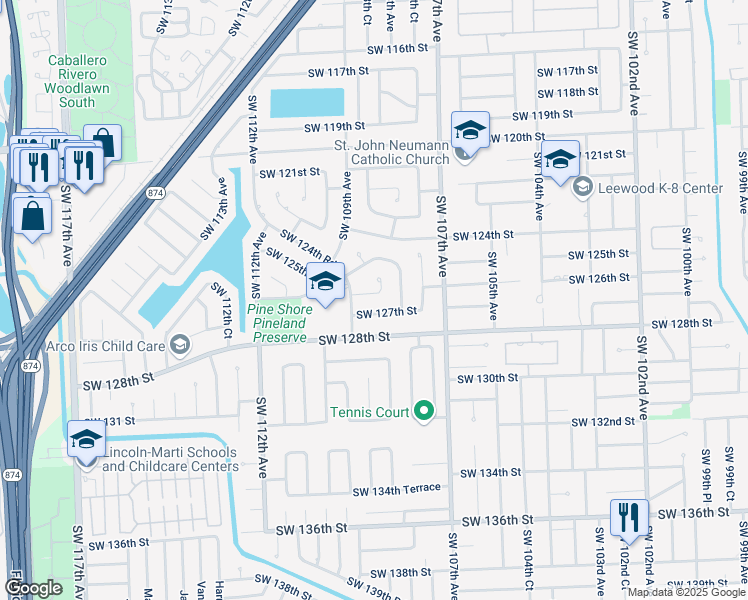 map of restaurants, bars, coffee shops, grocery stores, and more near 10840 Southwest 126th Street in Miami