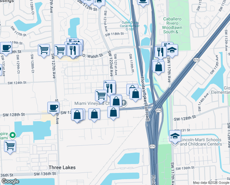 map of restaurants, bars, coffee shops, grocery stores, and more near 12588 Southwest 121st Avenue in Miami
