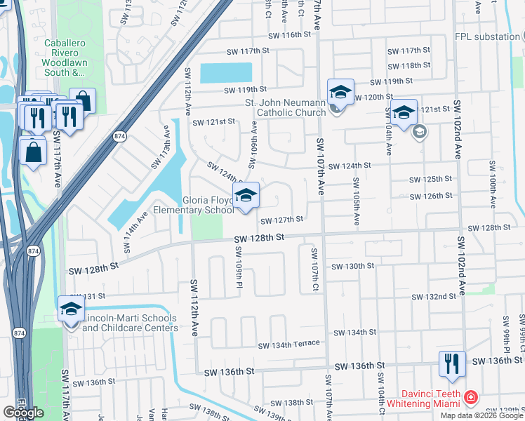 map of restaurants, bars, coffee shops, grocery stores, and more near 10880 Southwest 126th Street in Miami