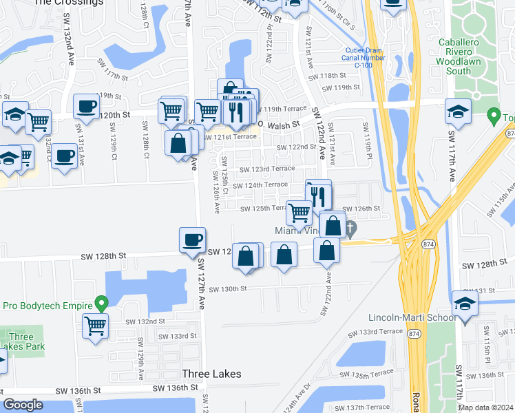 map of restaurants, bars, coffee shops, grocery stores, and more near 12529 Southwest 124th Court in Miami