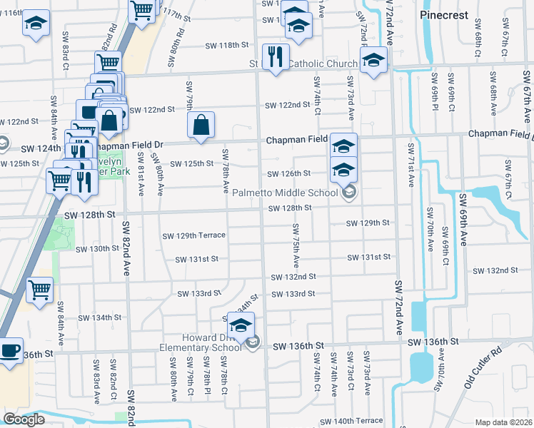 map of restaurants, bars, coffee shops, grocery stores, and more near 7690 Southwest 128th Street in Miami