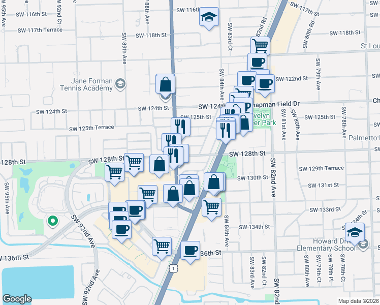 map of restaurants, bars, coffee shops, grocery stores, and more near 8501 Southwest 128th Street in Miami