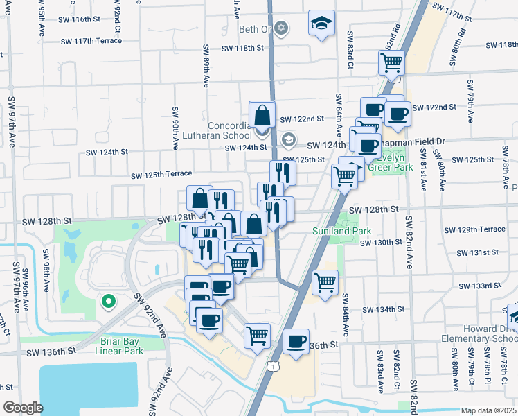 map of restaurants, bars, coffee shops, grocery stores, and more near 8750 Southwest 127th Terrace in Miami