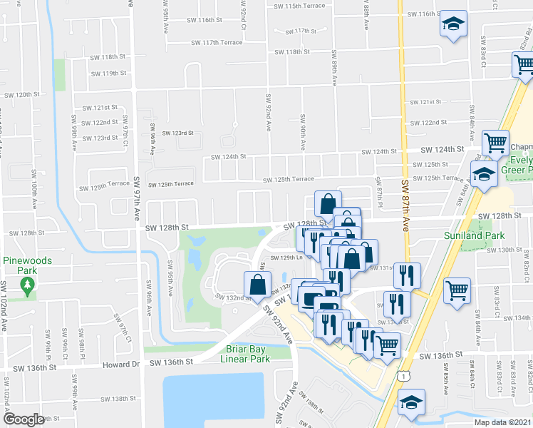 map of restaurants, bars, coffee shops, grocery stores, and more near 12750 Southwest 92nd Avenue in Miami