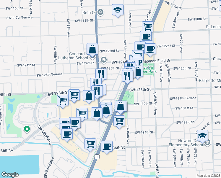 map of restaurants, bars, coffee shops, grocery stores, and more near 8501 Southwest 128th Street in Miami