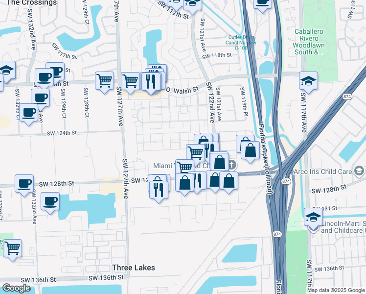 map of restaurants, bars, coffee shops, grocery stores, and more near 12525 Southwest 123rd Place in Miami
