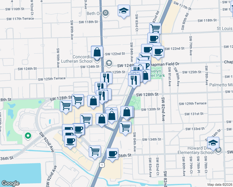 map of restaurants, bars, coffee shops, grocery stores, and more near 8501 Southwest 128th Street in Miami
