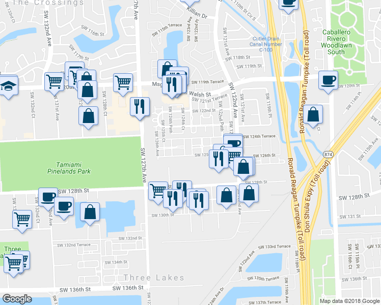 map of restaurants, bars, coffee shops, grocery stores, and more near 12529 Southwest 124th Court in Miami