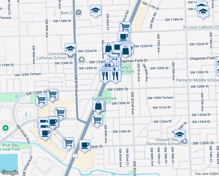map of restaurants, bars, coffee shops, grocery stores, and more near 12751 Southwest 128th Street in Pinecrest