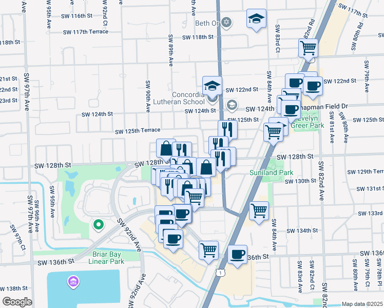 map of restaurants, bars, coffee shops, grocery stores, and more near 8818 Southwest 127th Terrace in Miami
