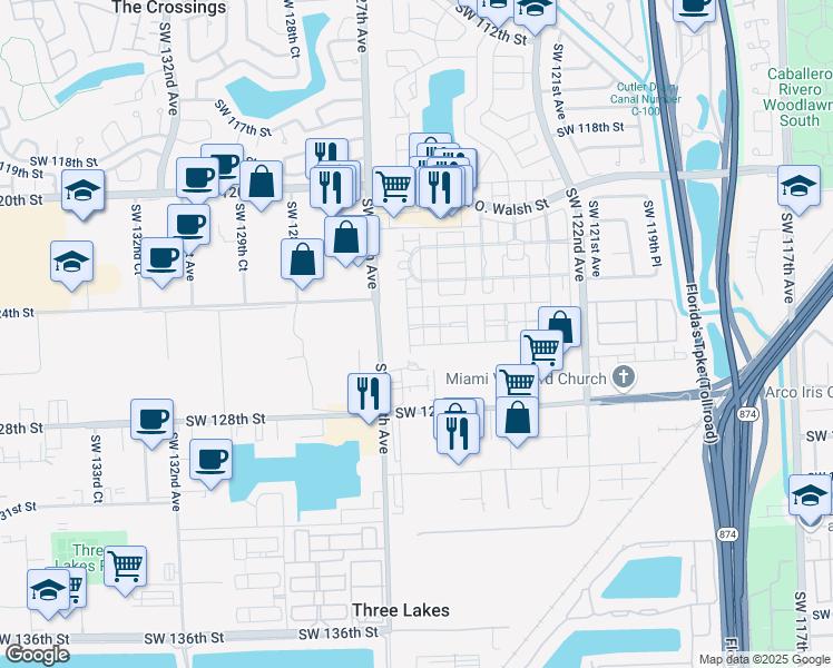 map of restaurants, bars, coffee shops, grocery stores, and more near 12540 Southwest 125th Street in Miami