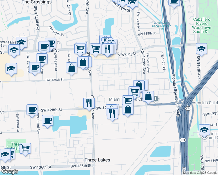 map of restaurants, bars, coffee shops, grocery stores, and more near 12524 Southwest 124th Path in Miami