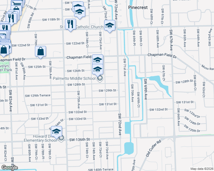 map of restaurants, bars, coffee shops, grocery stores, and more near 7260 Southwest 128th Street in Miami