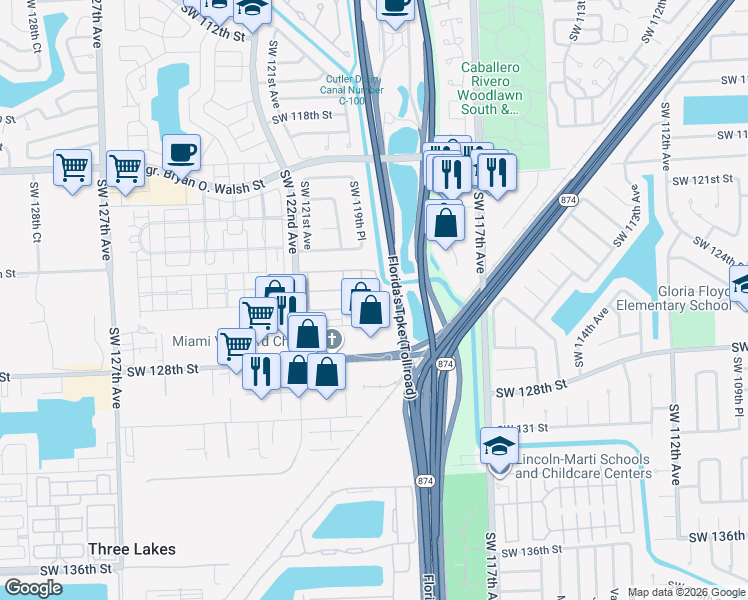 map of restaurants, bars, coffee shops, grocery stores, and more near 12582 Southwest 119th Court in Miami