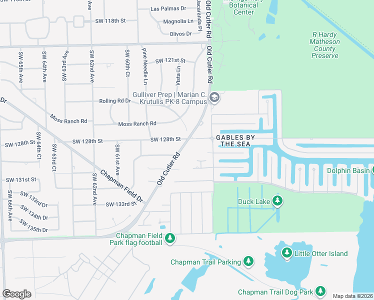 map of restaurants, bars, coffee shops, grocery stores, and more near 12855 Old Cutler Rd in Pinecrest