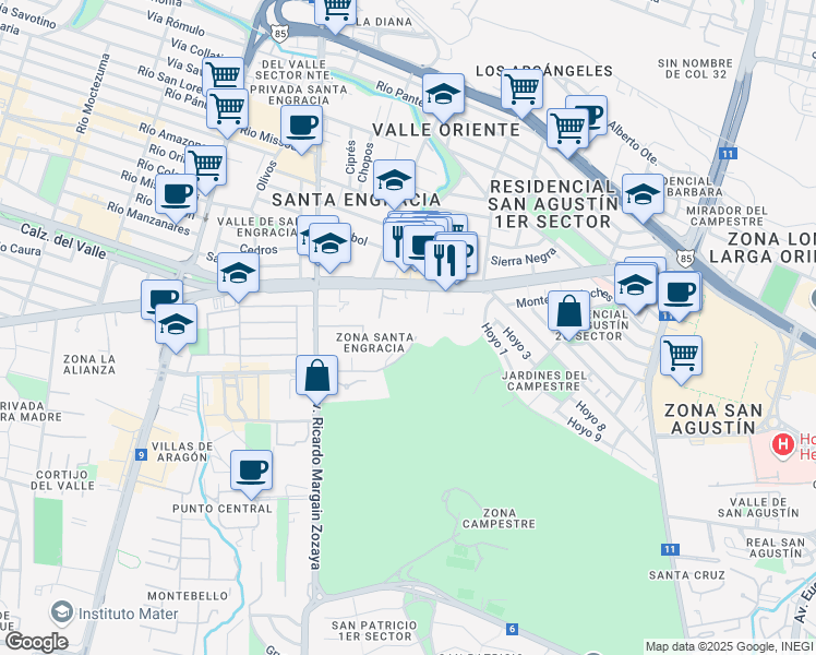 map of restaurants, bars, coffee shops, grocery stores, and more near 154 Avenida José Vasconcelos in San Pedro Garza García