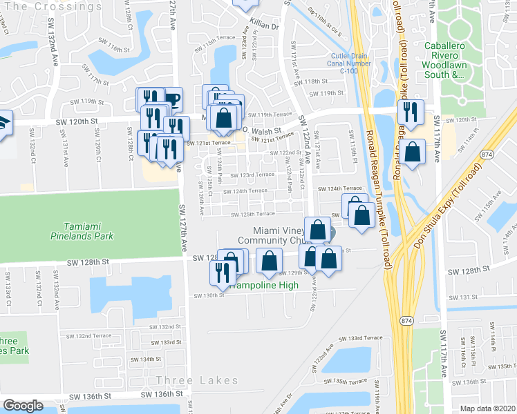 map of restaurants, bars, coffee shops, grocery stores, and more near 12380 Southwest 125th Street in Miami
