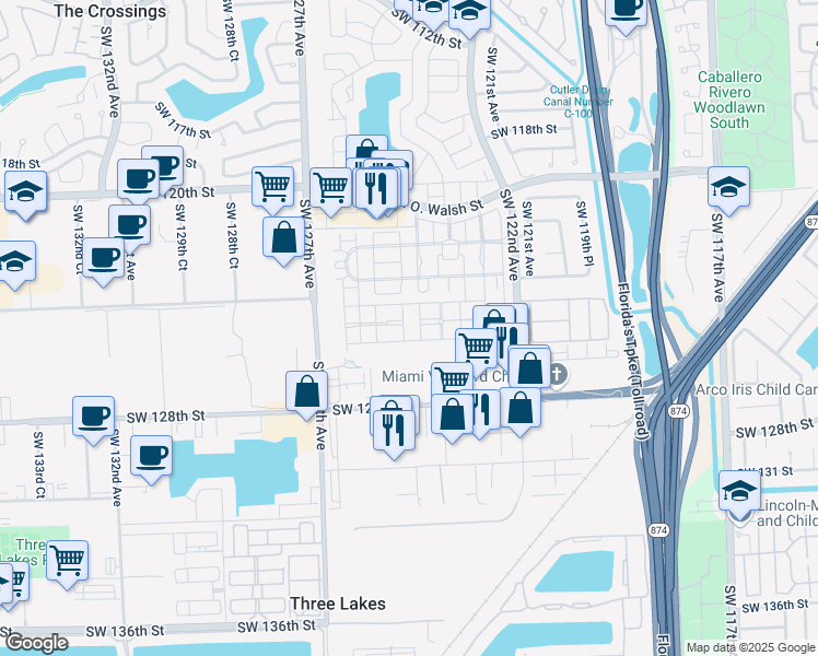 map of restaurants, bars, coffee shops, grocery stores, and more near 12529 Southwest 124th Court in Miami