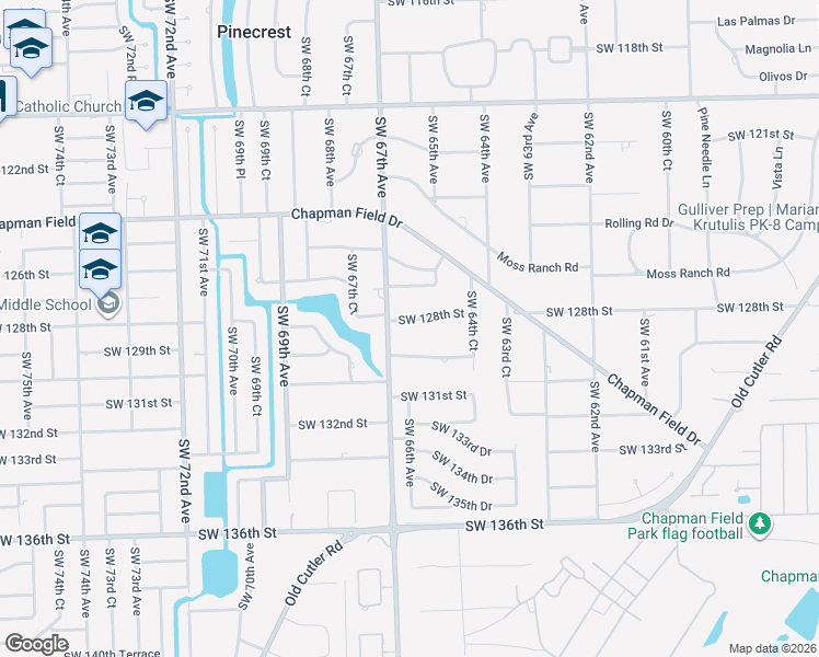 map of restaurants, bars, coffee shops, grocery stores, and more near 6600 Southwest 128th Street in Miami